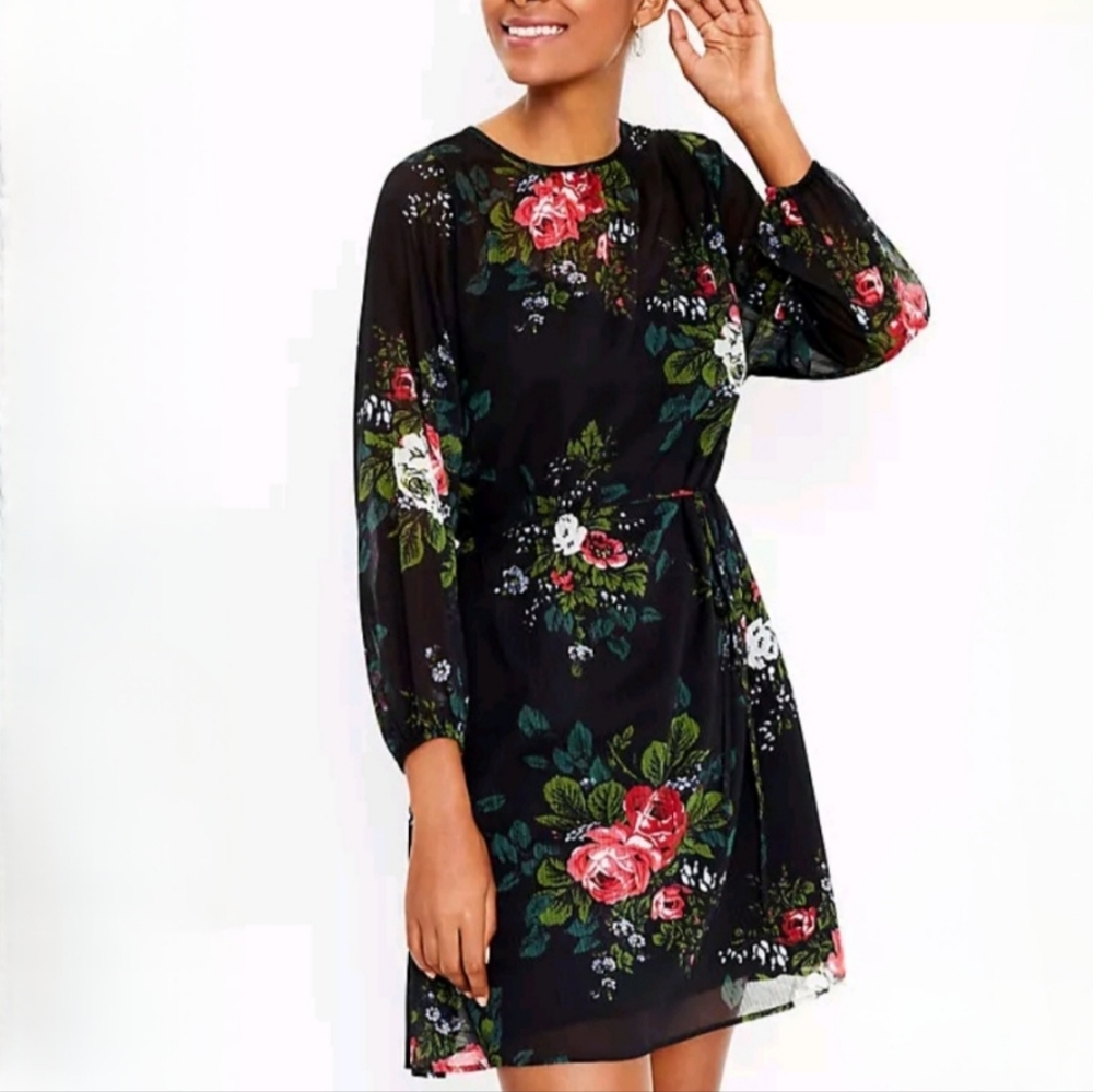 LOFT Black Sheath Dress with Long Bishop Sleeves and Crew Neck